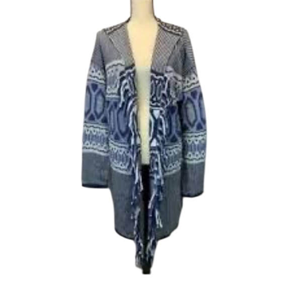 Sundance | Blue and White Patterned Fringe Cardigan Sweater Coat | L - Picture 1 of 4